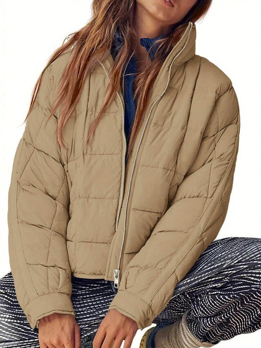 Pocketed Plaid Quilted Zip Up Winter Coat for Women