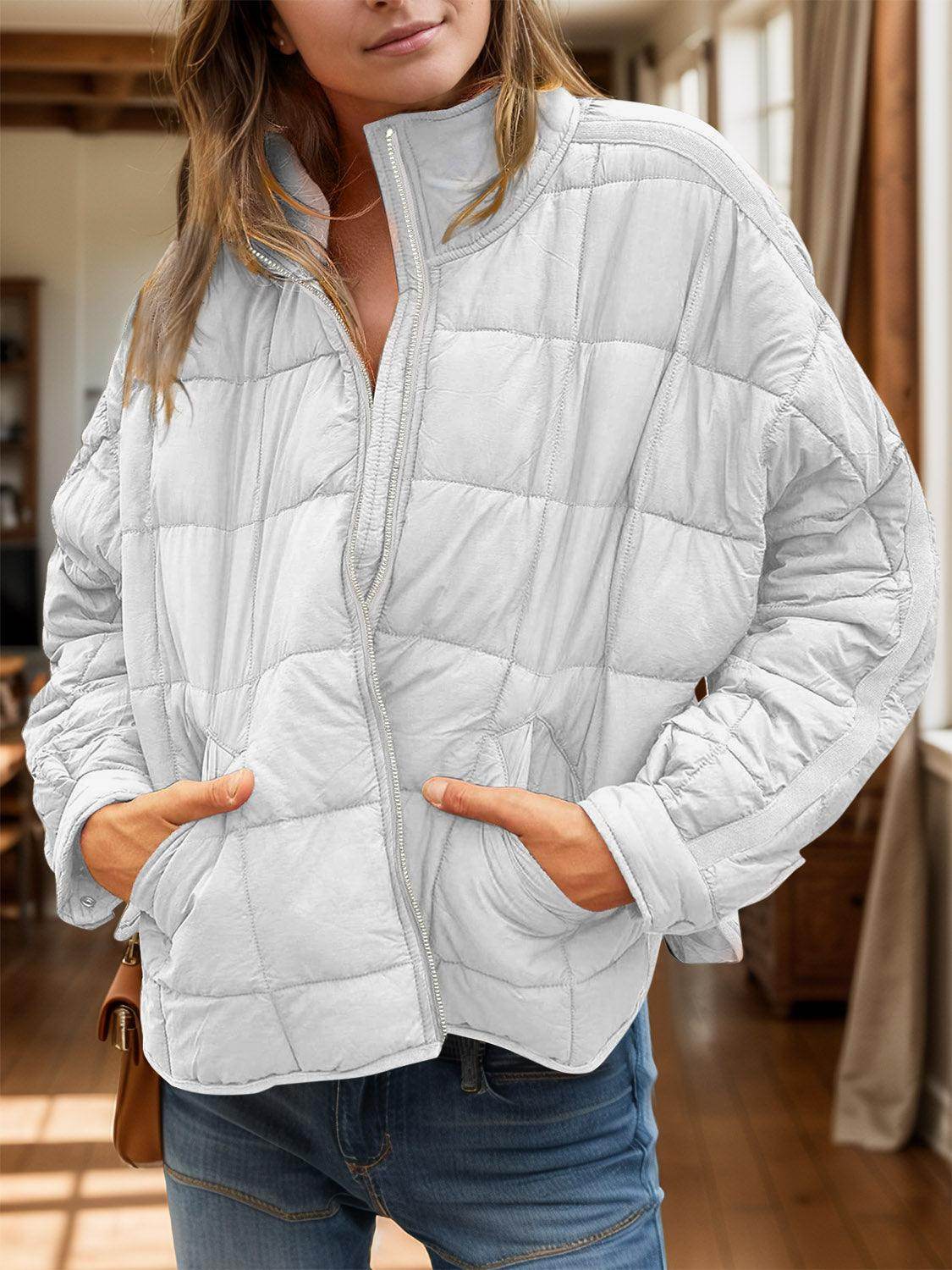Pocketed Plaid Quilted Zip Up Winter Coat for Women