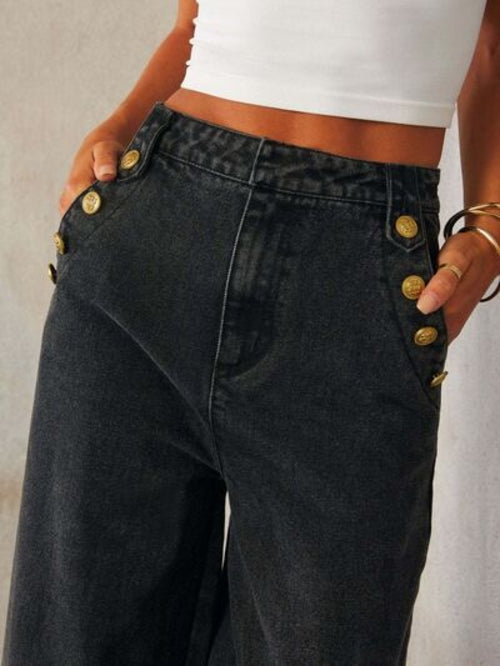 Button Decor High Rise Jeans for Women Effortless Style