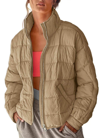 Pocketed Plaid Quilted Zip Up Winter Coat for Women