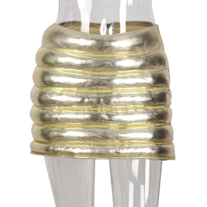 Champagne Women's Puffer Skirt Metallic Shiny Warm Quilted Mini A-line