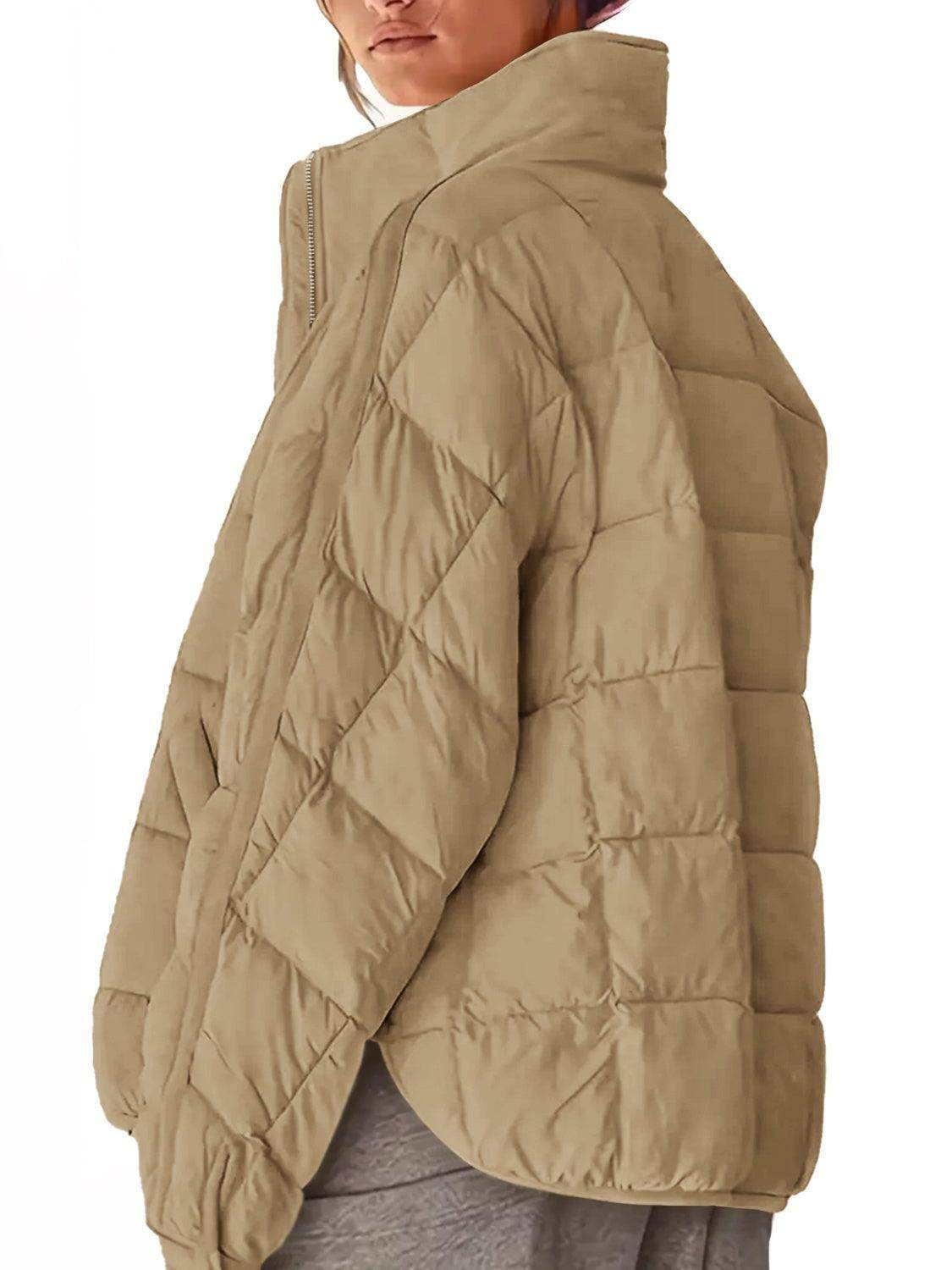 Pocketed Plaid Quilted Zip Up Winter Coat for Women